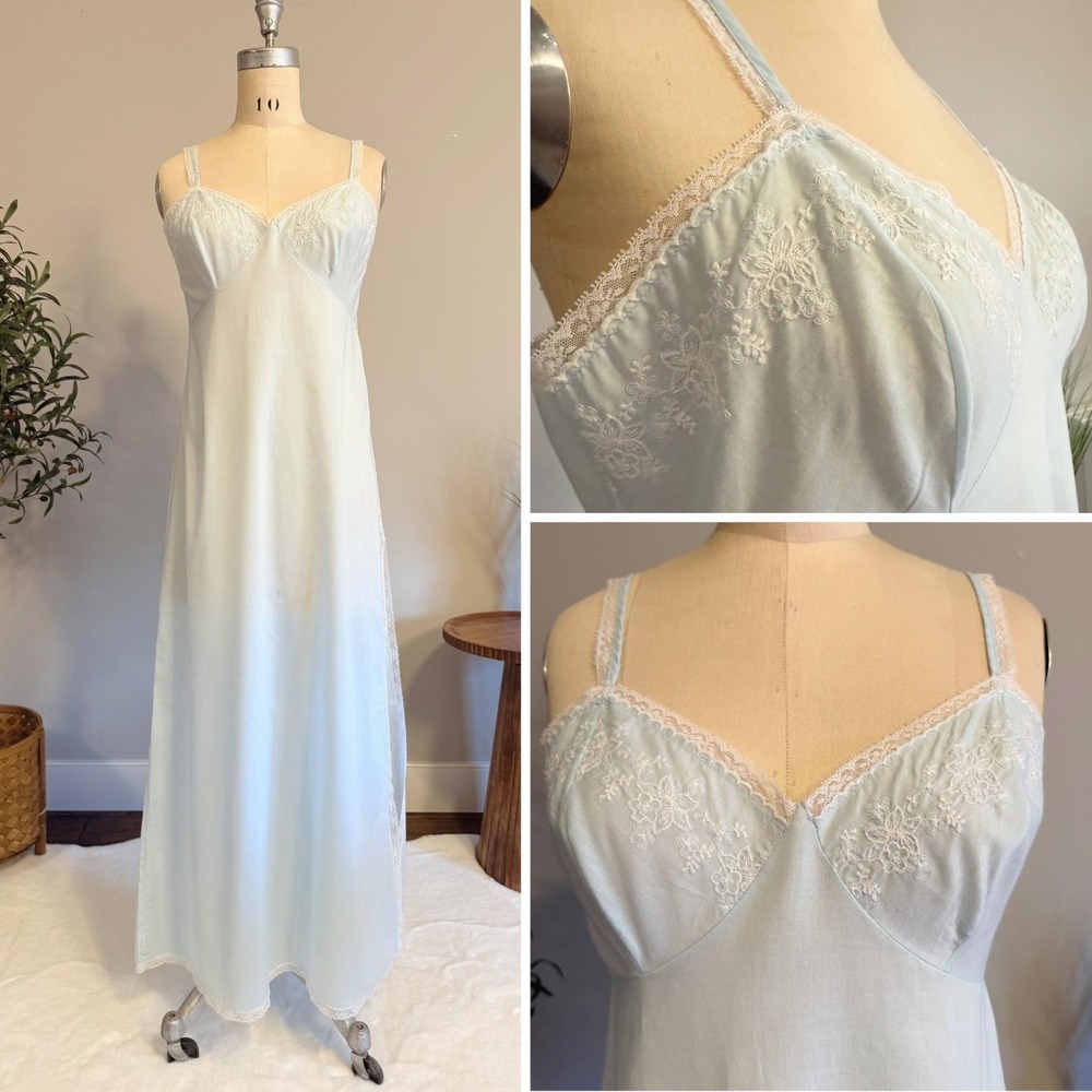 Vintage French Maid Nightgown Blue Slip Lace Embroidered Medium Bridal Lingerie